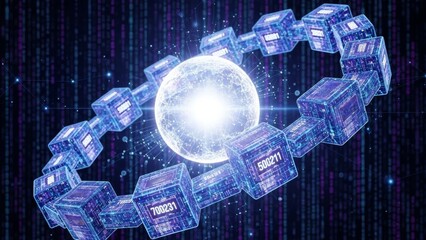 Blockchain data cubes encircling a glowing digital core in a futuristic abstract network