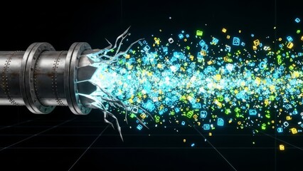Data stream flowing from pipeline representing digital information transfer