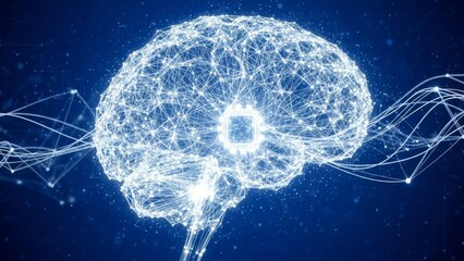 Digital brain with glowing microchip representing artificial intelligence and data processing