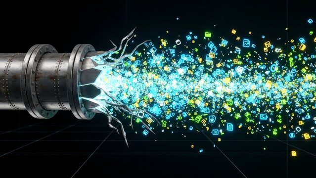 Data stream flowing from pipeline representing digital information transfer - Powered by Adobe