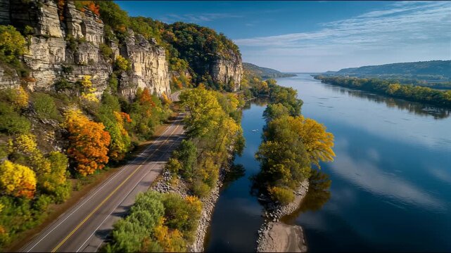 Scenic autumn landscape with vibrant fall foliage along a winding road beside a wide river and towering bluffs under a clear blue sky