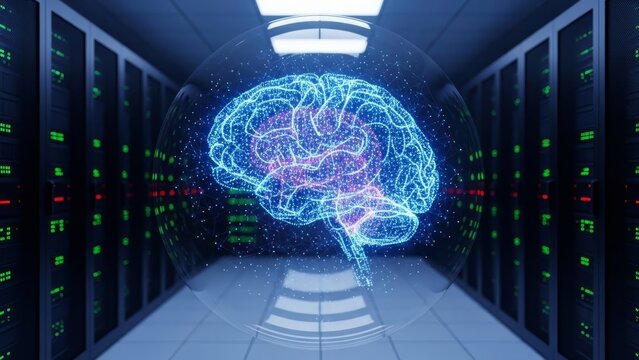 Digital brain hologram in server room representing artificial intelligence and data processing - Powered by Adobe