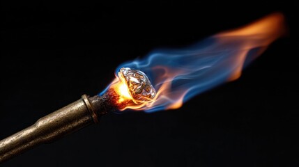 Torch flame focused on small object against a dark background concept