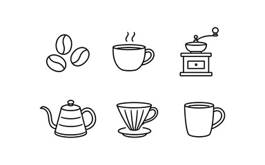 Obraz premium Minimal coffee icon set with beans, cups, grinder, kettle and pour-over dripper in line art