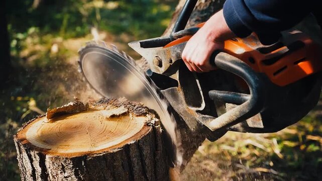 Close-up of human hands gripping a stabilizer handle on a heavy-duty dual-blade tree-cutter, 4K loop