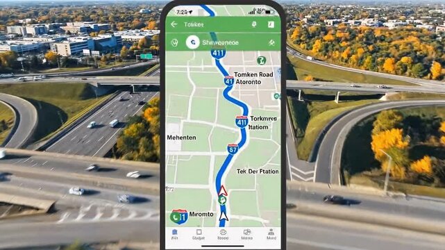 Aerial view of a smartphone displaying a navigation app with a route highlighted on a map