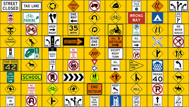 grid of road signs and traffic symbols in the united states