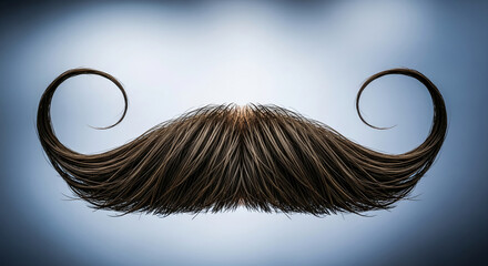 Detailed image of a large, brown mustache with curled ends, creating a whimsical and theatrical appearance, suggesting character or vintage style
