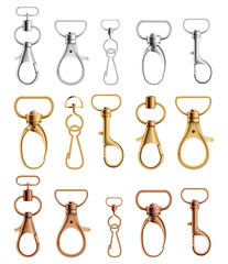 Metal swivel snap hooks in silver, gold, and copper colours. Vector illustration