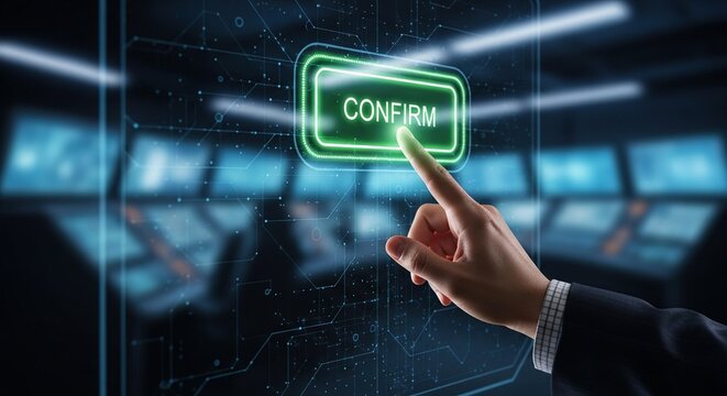 Hand pressing glowing green CONFIRM button on futuristic digital interface, technology - Powered by Adobe