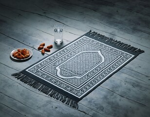 Single Prayer Rug Folded Neatly Beside Dates and Water Glass Illustration Symbolizing Ramadan Preparation, Faith, and Spiritual Ritual