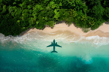 Aerial view of turquoise waters and pristine tropical beach with lush greenery