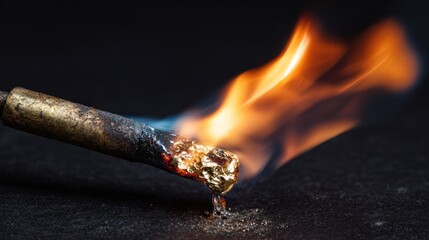 Close up of flame and burning object against a dark background
