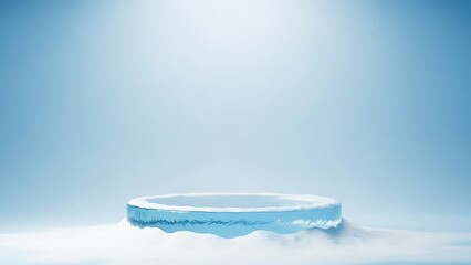 Ice ring sits on snow in a bright, blue-hued studio with smooth gradient background