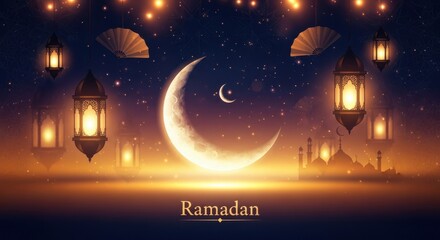 Ramadan kareem greeting banner with large glowing crescent moon and hanging traditional lanterns over distant mosque silhouette under starry night sky with golden sparkles and decorative fan elements