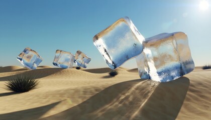 Floating Ice Cube Ships Drifting Through Hot Desert Illustration Creating a Surreal, Playful, and Dreamlike Scene