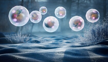 Floating Luminous Fruit Orbs Hovering Above Winter Field Illustration Creating a Surreal, Magical, and Dreamlike Landscape