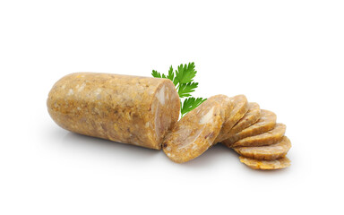 Sliced salceson (brawn or headcheese) isolated on white background. Traditional sausage from pressed meat, lard, skins and spices.	