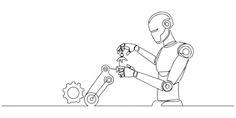 A continuous single line drawing of a robot assembling components, symbolizing the skills needed in the age of automation, line art style vector illustration.