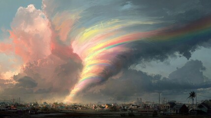 Dramatic cloud formation with colorful rainbow hues over an urban landscape