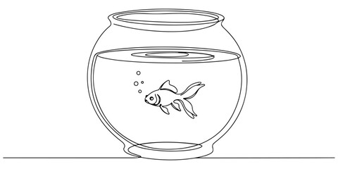 A continuous single line drawing of a circular aquarium filled with fish. Line art style vector illustration.