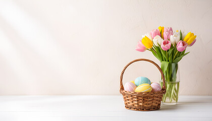 Basket of pastel Easter eggs with a vase of fresh tulips and clean copy space, perfect for Easter greetings, spring promotions, holiday cards, banners, and seasonal lifestyle designs.
