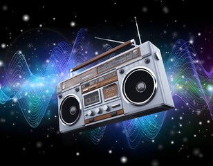 Floating Retro Boombox Emitting Galaxy Music Waves Illustration Creating a Surreal, Cosmic, and Vibrant Soundscape