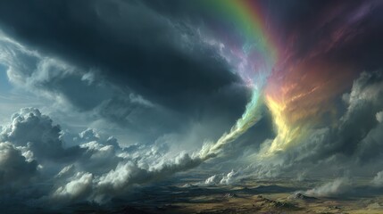 Dramatic sky with vivid rainbow atmospheric scene with sunlight and storm clouds