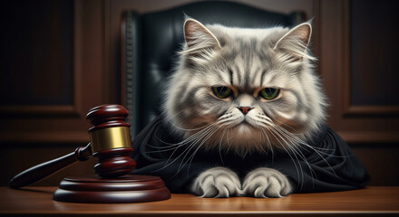 A feline in a judicial robe sitting behind a wooden desk with a gavel. The image represents law, justice, and perhaps even humor or absurdity