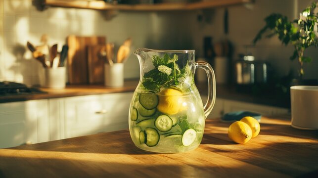 Refreshing pitcher of cucumber and lemon water infused with mint on a wooden countertop in a cozy kitchen.