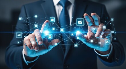 Businessman interacting with a glowing digital network of business icons, representing data management and technological innovation.