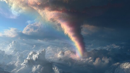 Dramatic cloud formation with a vibrant rainbow effect in a bright blue sky