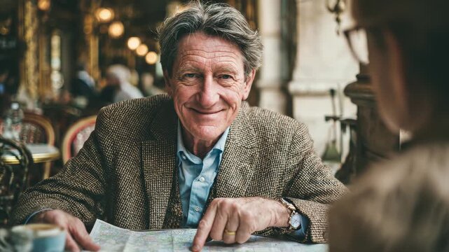 Senior man at cafe, looking at map. Tourist exploring city, planning route. Older gentleman intently studies map. Travel, navigation, retirement lifestyle. European cafe setting, cozy atmosphere.