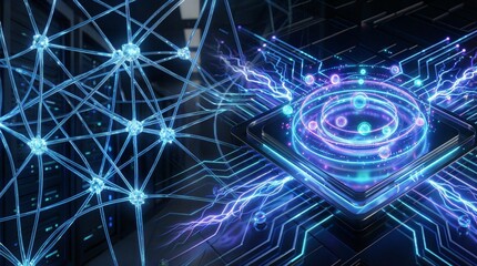 Ai neural network visualization with glowing blue connections and circuitry