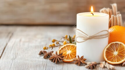 Naklejka premium Cozy Candlelight: A warm and inviting scene, featuring a lit candle, dried citrus slices, and aromatic spices. The flickering flame casts a gentle glow, enhancing the serene ambiance.