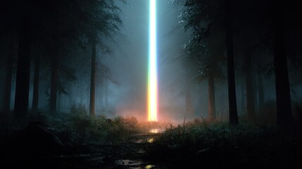 Mysterious forest scene illuminated beam of light dense trees atmospheric visual