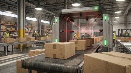 Cardboard Boxes Passing Through Industrial Laser Scanning Tunnel on Conveyor Belt