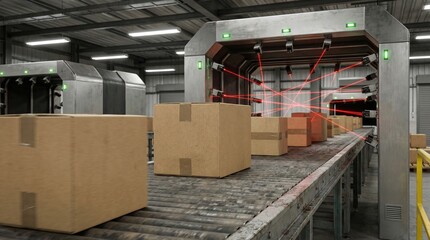 Cardboard Boxes Passing Through Industrial Laser Scanning Tunnel on Conveyor Belt