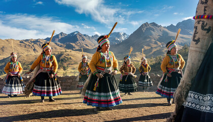 A group of women in colorful dresses are dancing in a field