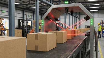 Cardboard Boxes Passing Through Industrial Laser Scanning Tunnel on Conveyor Belt