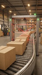Cardboard Boxes Passing Through Industrial Laser Scanning Tunnel on Conveyor Belt