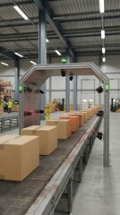 Cardboard Boxes Passing Through Industrial Laser Scanning Tunnel on Conveyor Belt