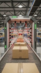 Cardboard Boxes Passing Through Industrial Laser Scanning Tunnel on Conveyor Belt