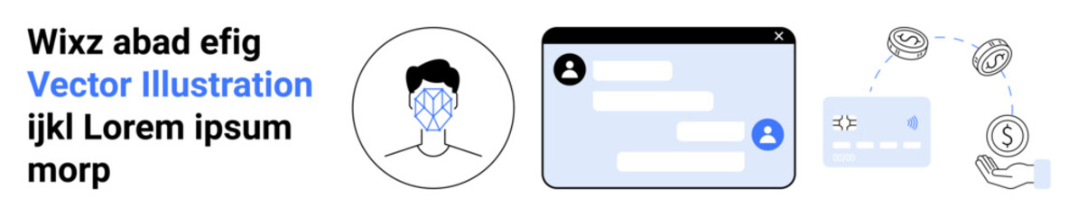 Obraz premium Digital identity, cybersecurity, online communication, user authentication, secure messaging, biometrics. Face recognition illustration and chat interface design. Digital identity and cybersecurity