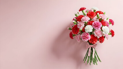 Beautiful bouquet of vibrant carnations against a soft pastel pink background