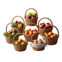 Collection of wicker baskets with fruits isolated on transparent background