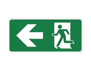 green exit sign with left arrow and running person on transparent background