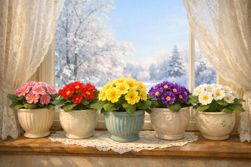 Colorful Primrose Flowers in Pots on a Sunny Winter Windowsill