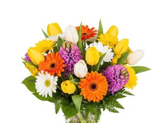 Vibrant bouquet of fresh cut flowers in a glass vase isolated on white background