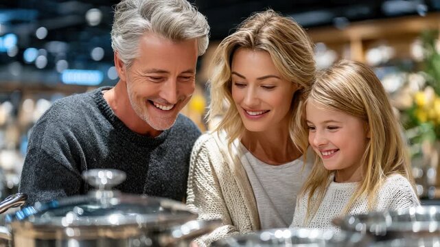Caucasian family  couple and daughter  smiling as they browse cookware in a specialty store, choosing pots and pans together and enjoying a joyful kitchenware shopping moment